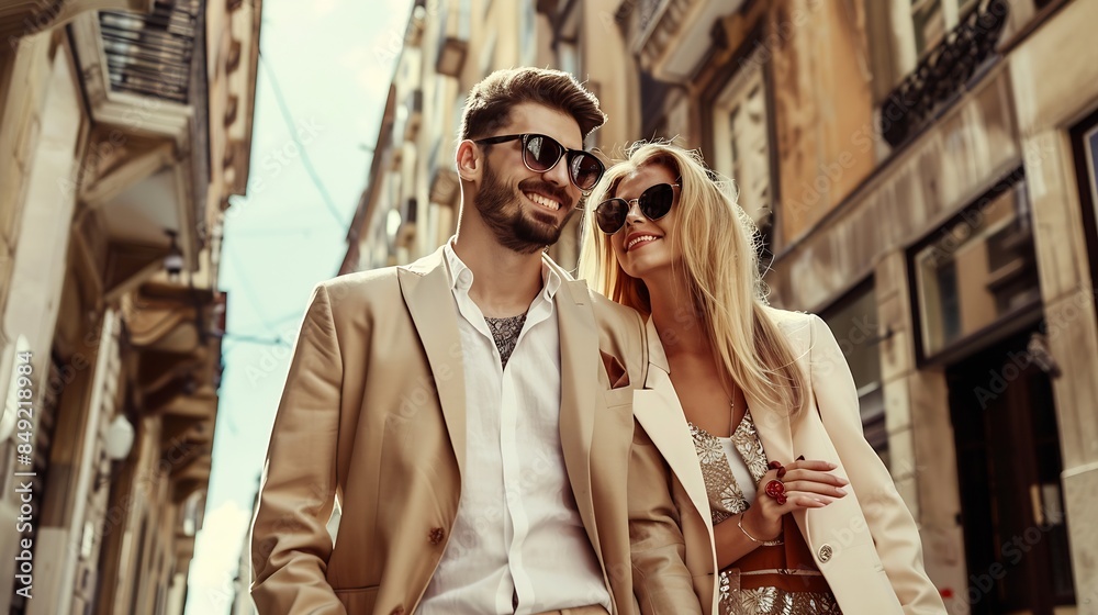 Beautiful fashion woman and her handsome elegant boyfriend in beige suit Sexy blond model in summer suit clothes Fashionable smiling couple posing in street Europe Brutal man and femal : Generative AI Beautiful fashion woman and her handsome elegant boyfriend in beige suit Sexy blond model in summer suit clothes Fashionable smiling couple posing in street Europe Brutal man and femal : Generative AI