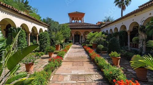 A courtyard with a white building and a red roof