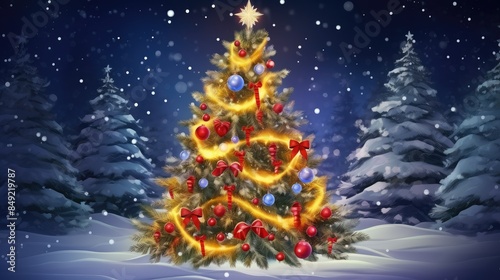 Xmas tree with snow decorated with garland lights, holiday festive background