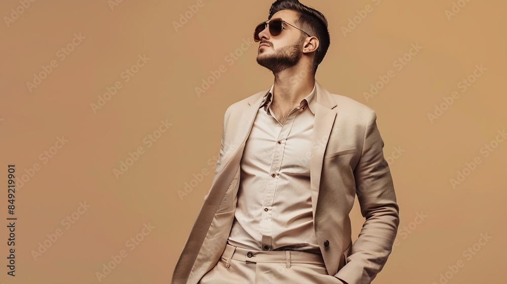 Fashionable man in beige jacket on shoulder shirt pants and sunglasses on beige background banner : Generative AI Fashionable man in beige jacket on shoulder shirt pants and sunglasses on beige background banner : Generative AI