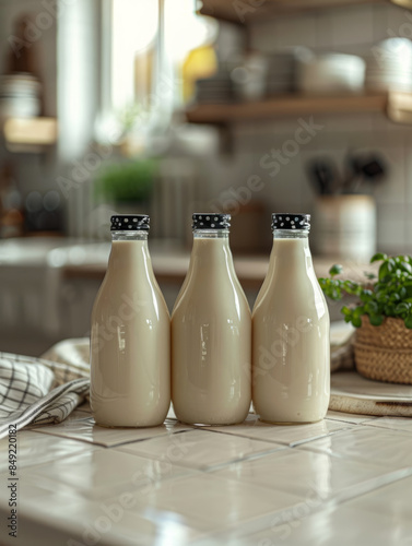 Three milk bottles on a kitchen countertop.