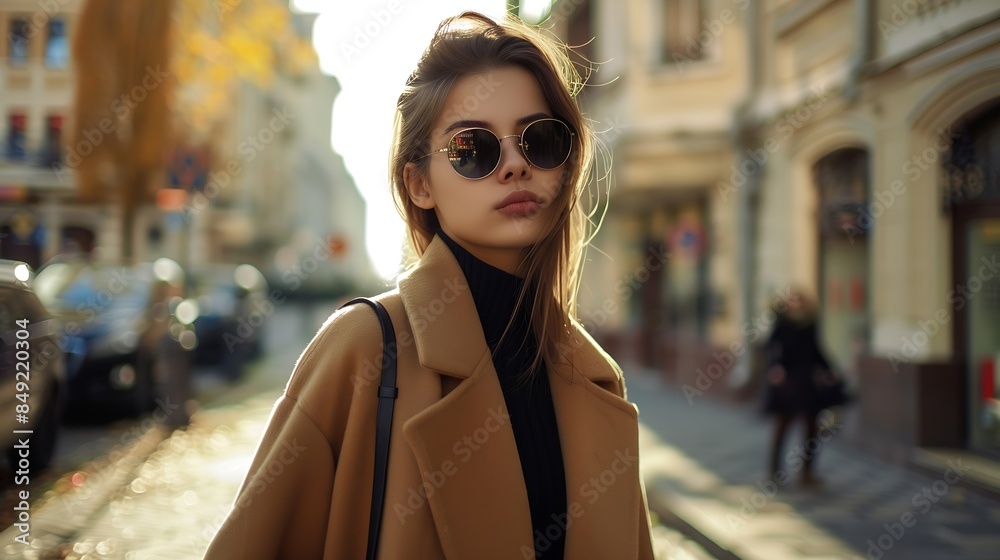 Stylish young woman in sunglasses and a chic coat poses outdoors on a city street exuding elegance and autumn fashion vibes : Generative AI Stylish young woman in sunglasses and a chic coat poses outdoors on a city street exuding elegance and autumn fashion vibes : Generative AI