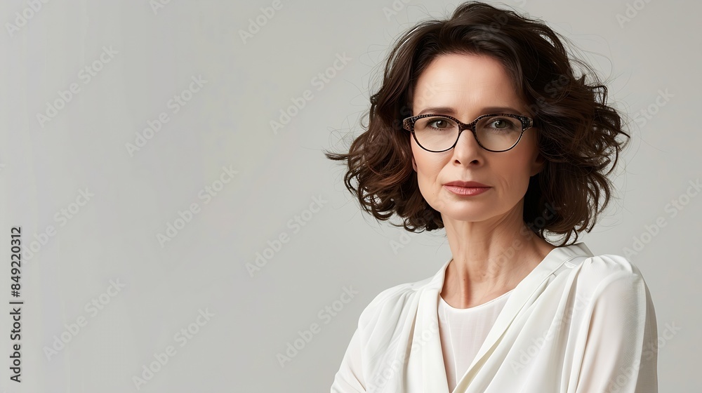 Closeup portrait of an elegant mature brunette woman in a white blouse and fashionable spectacles Light gray studio background Glasses and fashion : Generative AI Closeup portrait of an elegant mature brunette woman in a white blouse and fashionable spectacles Light gray studio background Glasses and fashion : Generative AI
