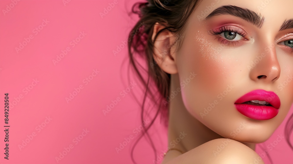 Glamour portrait of beautiful girl model with makeup and romantic hairstyle Fashion shiny highlighter on skin gloss lips makeup and dark eyebrows Pink lips : Generative AI Glamour portrait of beautiful girl model with makeup and romantic hairstyle Fashion shiny highlighter on skin gloss lips makeup and dark eyebrows Pink lips : Generative AI