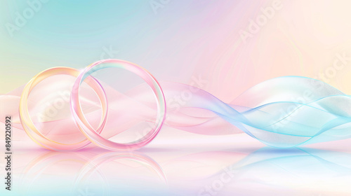 Abstract representation of two golden wedding rings interconnected by an invisible arch symbolizing eternal bonds, set against a subtle pastel gradient background © PhotoRK