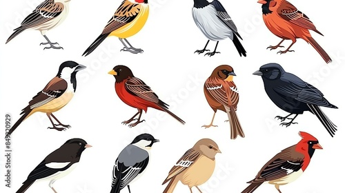 A set of twelve different bird illustrations. The birds are all drawn in a realistic style and feature a variety of colors and patterns. photo
