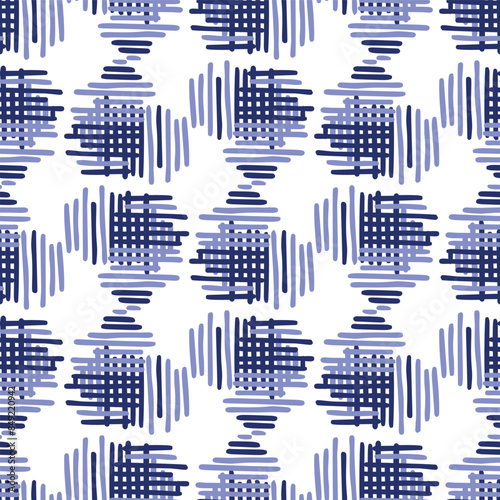Indigo blue stitch effect abstract vector seamless pattern background. Modern masculine graphic design for block print hand craft trend. 