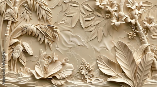 3d tropical leaves Wallpaper Background golden art for digital printing wallpaper, mural, custom design wallpaper. AI generated illustration