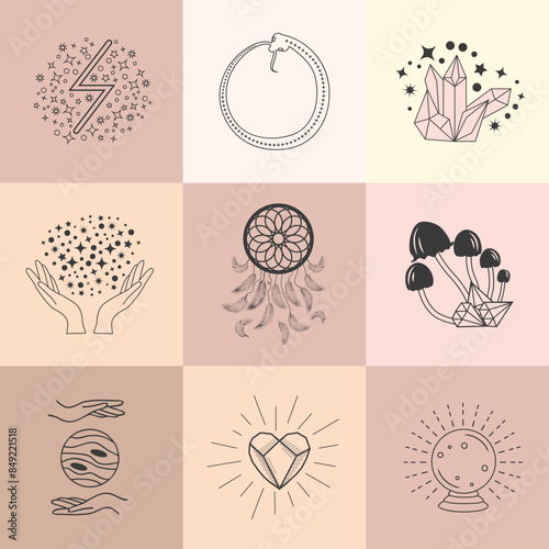Set of magic symbols, celestial seamless pattern. Astrological, magical and esoteric symbols.