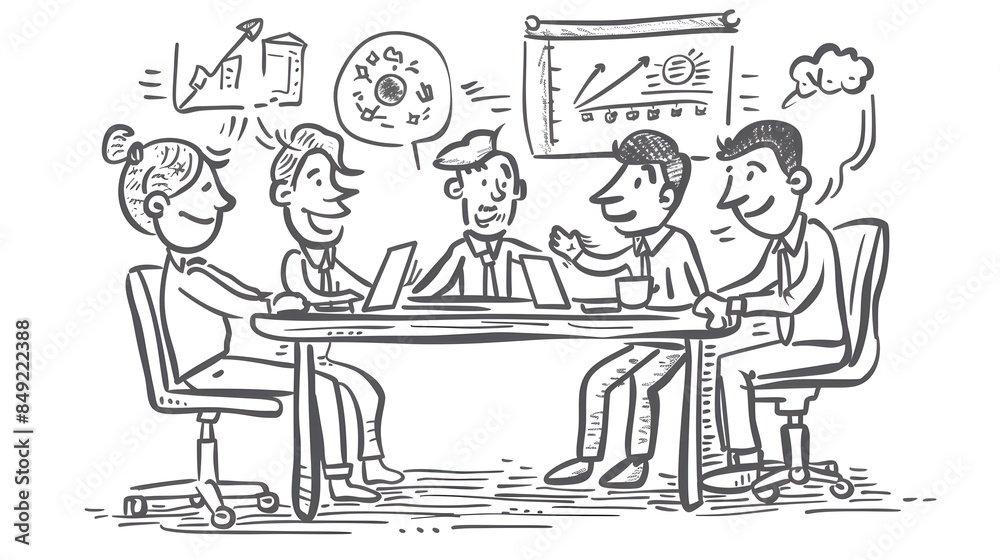 Cheerful Business Team Discussing Strategy with Doodle-Style Cheerful Business Team Discussing Strategy with Doodle-Style