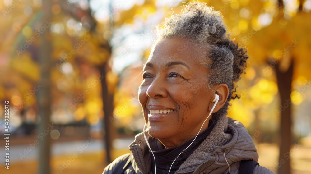 woman in her fifties, wearing earbuds and walking outdoors on an autumn morning woman in her fifties, wearing earbuds and walking outdoors on an autumn morning