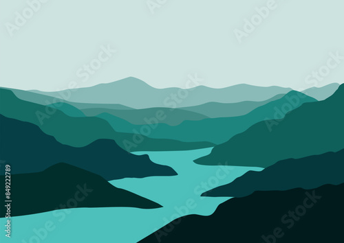 Mountains and river landscape illustration design.