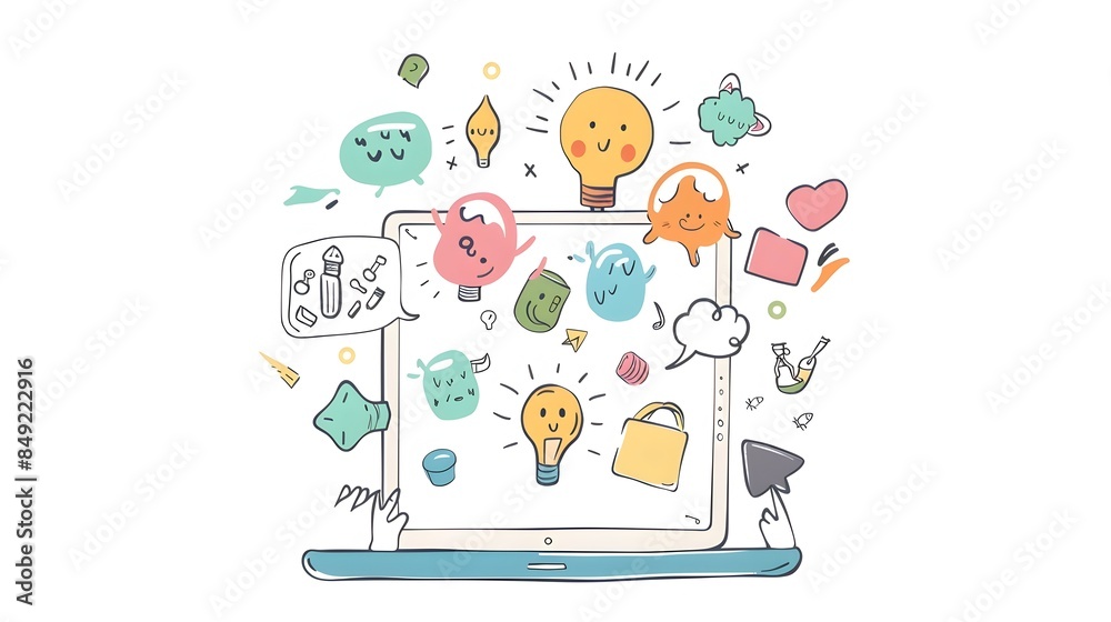 Person Engaging with on Tablet in Colorful Doodle Drawing