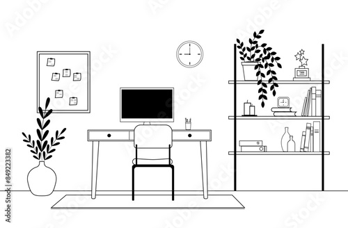 Interior home design of modern workplace with computer, table, furniture, bookshelf. Home office. Vector linear illustration