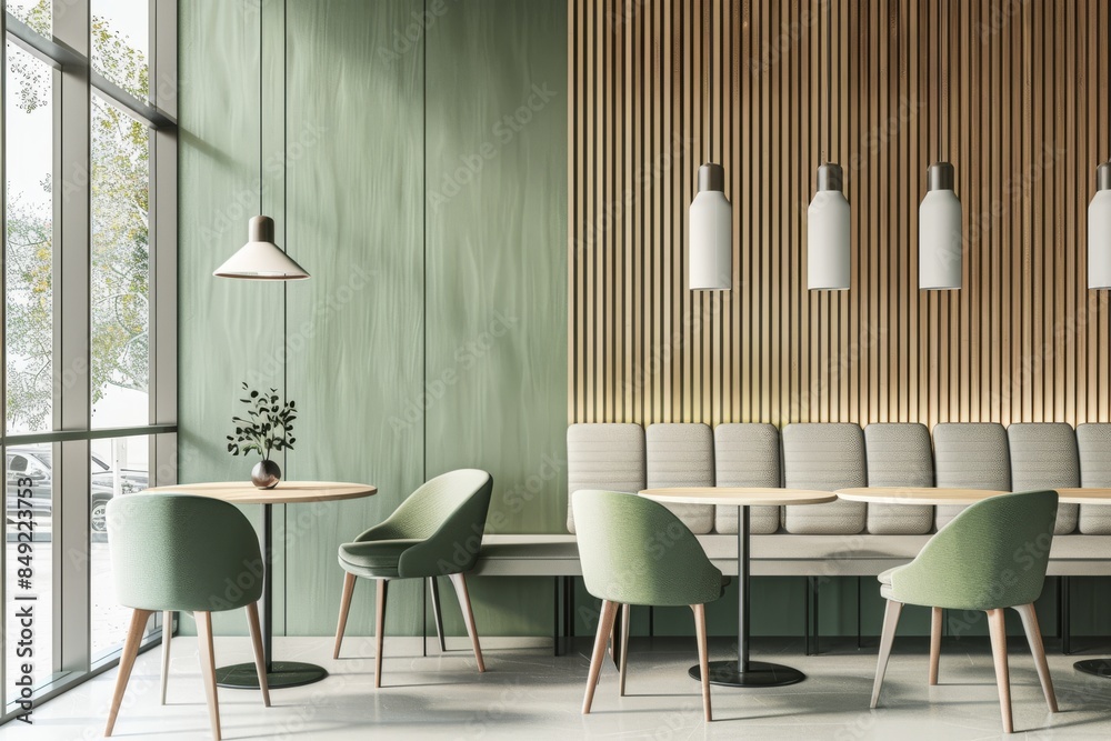 Interior of a cozy cafeteria with seating and tables, eating area with a couch and window Interior of a cozy cafeteria with seating and tables, eating area with a couch and window