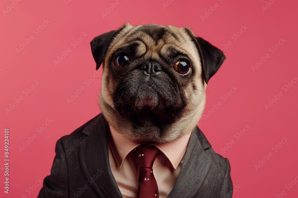 A studio close-up portrait photo of a cute pug dog wearing a suit, against a background of pastel shades. Office-working concept. A studio close-up portrait photo of a cute pug dog wearing a suit, against a background of pastel shades. Office-working concept.