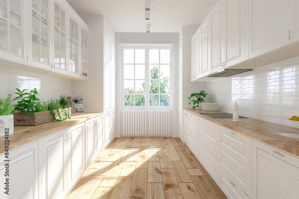 This is a modern kitchen with wooden beams, white cabinets, and light background. A rendering of contemporary interior design. This is a modern kitchen with wooden beams, white cabinets, and light background. A rendering of contemporary interior design.