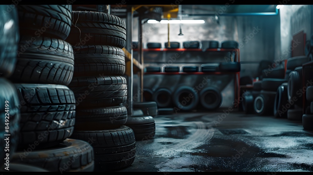 warehouse is filled with stacked tires in the car tire factory, creating an industrial atmosphere warehouse is filled with stacked tires in the car tire factory, creating an industrial atmosphere
