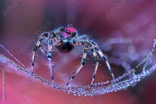 A high-speed capture of a water dropleta??s impact on a spidera??s web covered in dew photo