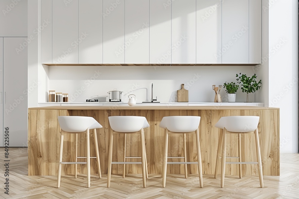 There are white walls, a wooden parquet floor and white countertops in the modern kitchen. A long table and chairs are situated nearby. There are white walls, a wooden parquet floor and white countertops in the modern kitchen. A long table and chairs are situated nearby.