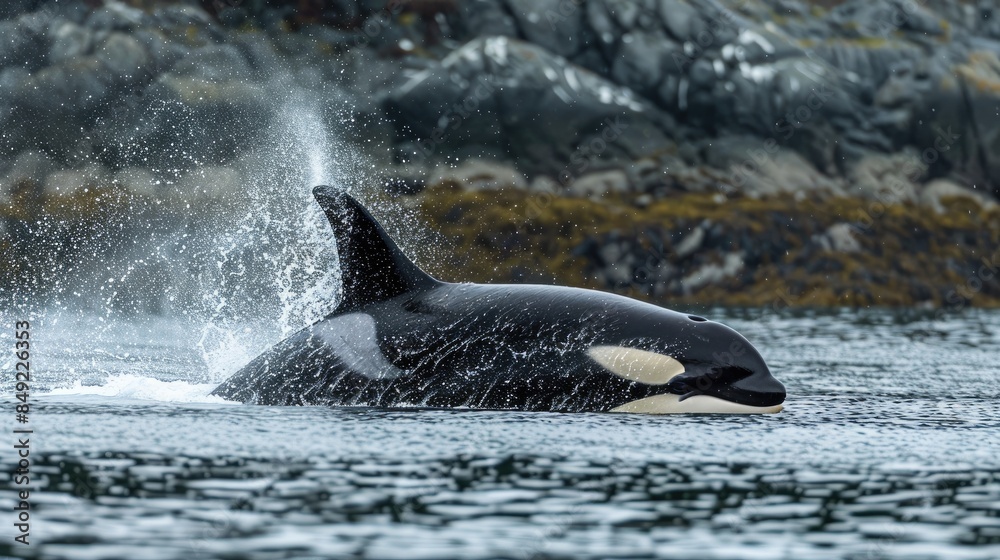 Obraz premium A killer whale gracefully moves through the water displacing it with ease