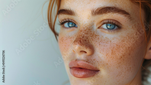 Beauty face and spa. Woman with freckles, clean nourished skin, biting lip and look aside. Girl model using antiaging cosmetics and vitamin c serum for bettet smoother skin tone, white background.