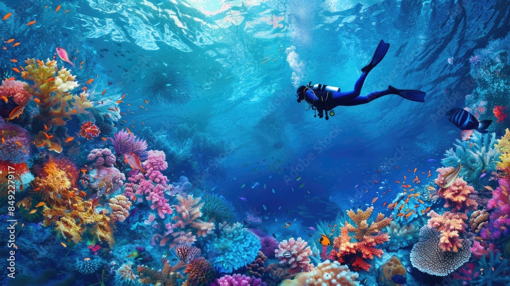 Fototapeta premium Scuba diver swimming gracefully over a vibrant coral reef, surrounded by colorful tropical fish and animals, bucket list lifestyle concept