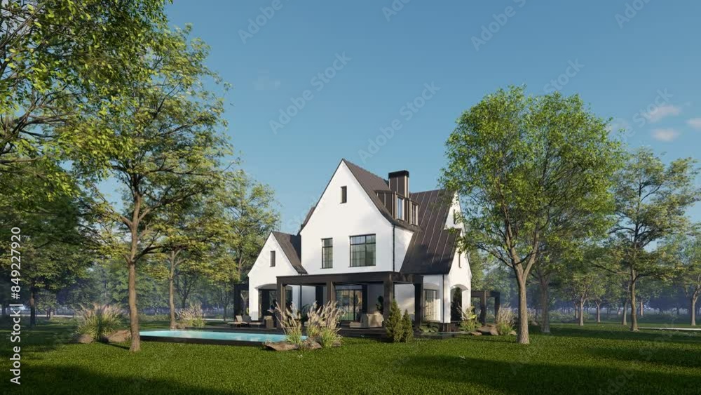 4K video rendering of cute cozy white and black modern Tudor style house with parking and pool for sale or rent with beautiful landscaping. Fairy roofs. Clear sunny summer day with blue sky 4K video rendering of cute cozy white and black modern Tudor style house with parking and pool for sale or rent with beautiful landscaping. Fairy roofs. Clear sunny summer day with blue sky