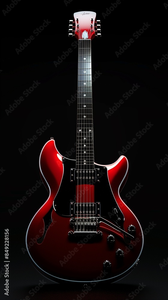 A shiny red electric guitar, isolated on a black background, with dramatic lighting accentuating its sleek design.