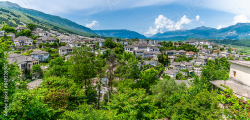 A panorama view from the castle over the city of Gjirokaster, Albania in summertime photo
