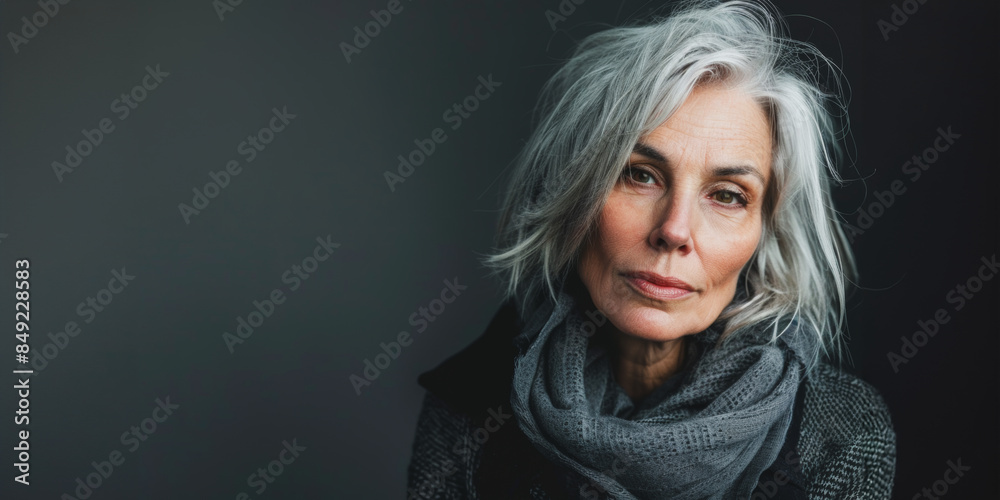 Mature woman with gray hair in casual outfit Mature woman with gray hair in casual outfit