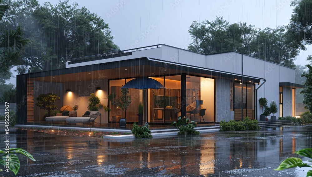 Obraz premium An umbrella protects the roof of the house from rain and storms. Flood water on the streets. Concept of home insurance. Ai generation at work.