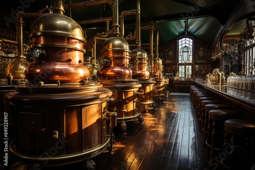 Historical Distillery in Dublin, with stills, barrels and distiller masters., generative IA