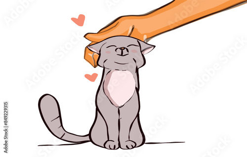A cute grey  cat human hand caresses