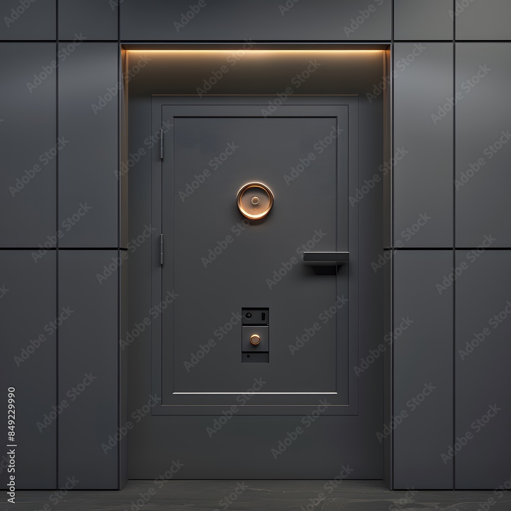Front view of a wall-mounted safe, recessed design, secure locking mechanism, clean lines, modern aesthetics, bright lighting, realistic photograph Front view of a wall-mounted safe, recessed design, secure locking mechanism, clean lines, modern aesthetics, bright lighting, realistic photograph