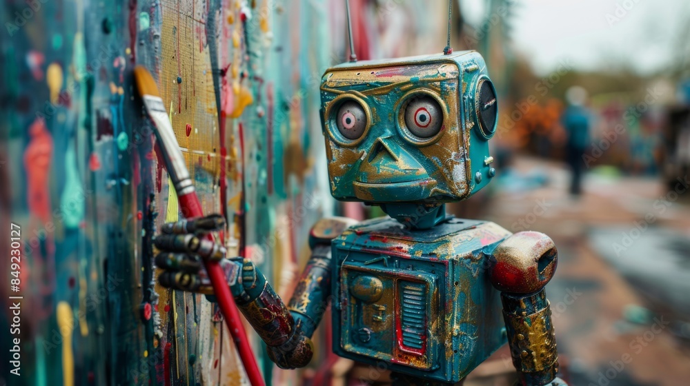 Fototapeta premium Robot holding a paintbrush, Artificial Intelligence, tech and creativity concept.