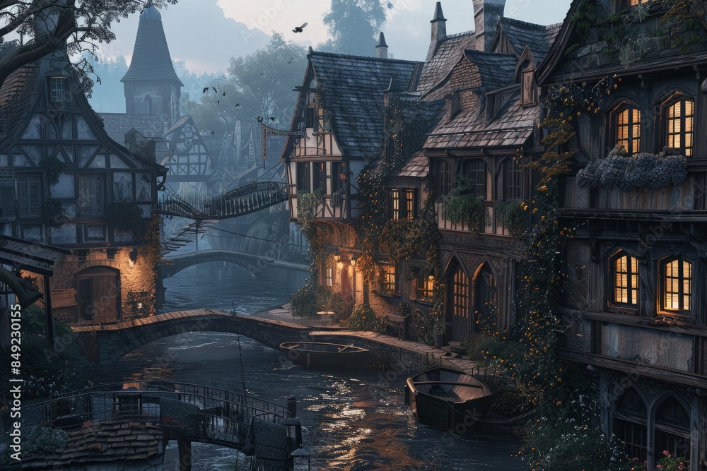 Obraz premium Charming medieval village with illuminated houses by a winding river, featuring picturesque bridges and rustic architecture at dusk.