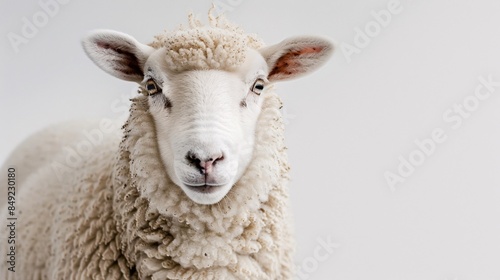 A fluffy white sheep, with a gentle expression and curly wool, stands peacefully on a white background. The image captures the animal's innocence and soft nature, symbolizing peace and tranquility.