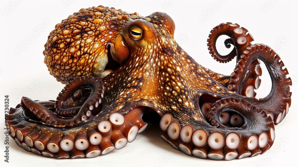 A captivating octopus, with its eight tentacles extended in various directions, rests on a white background, its iridescent skin shimmering. The image highlights the animal's intelligence and complex A captivating octopus, with its eight tentacles extended in various directions, rests on a white background, its iridescent skin shimmering. The image highlights the animal's intelligence and complex