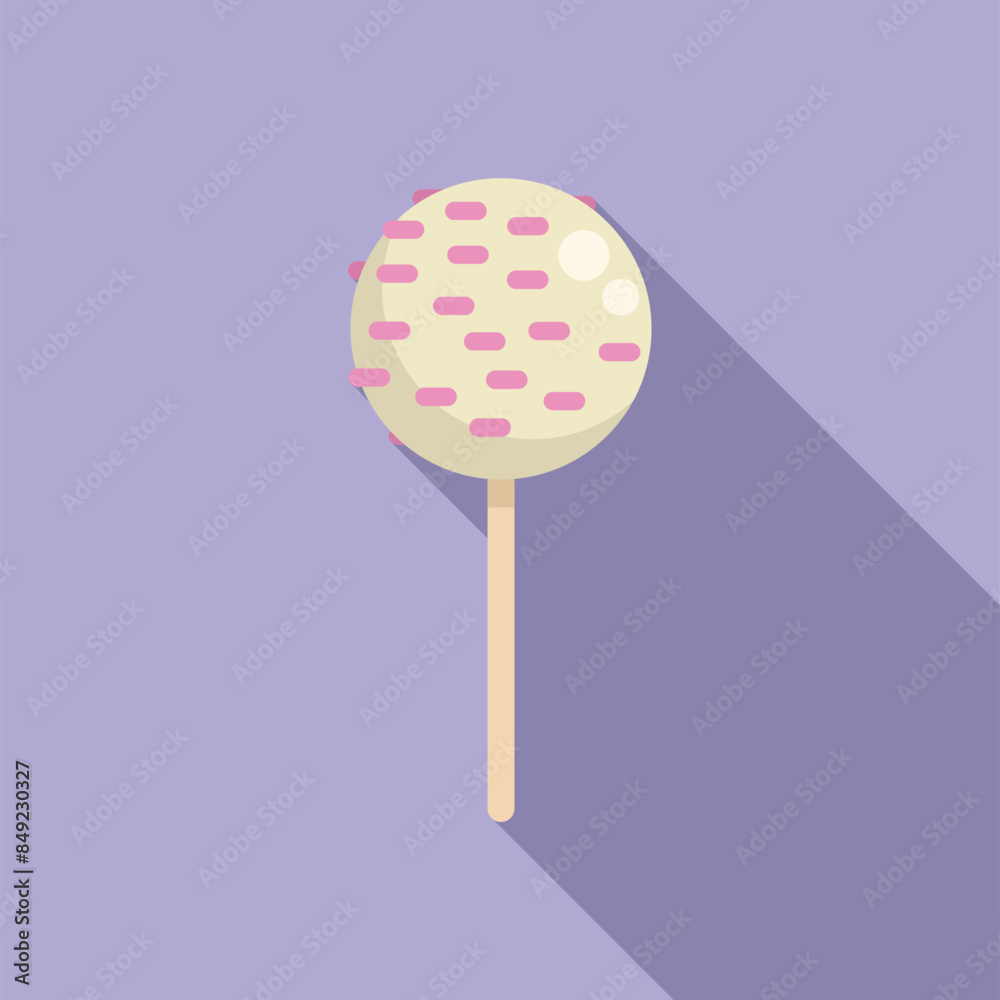 Round cake pop covered in sprinkles on a stick casting a long shadow over a purple background