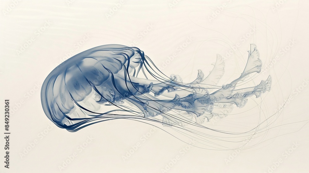 Fototapeta premium A translucent jellyfish, with its bell-shaped body and flowing tentacles, floats gracefully on a white background. The image captures the animal's ethereal beauty and delicate nature, showcasing the