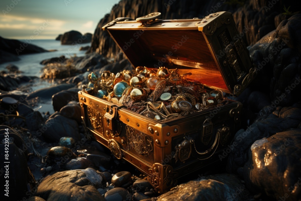 Open the treasure chest full of gold items at sunset with Generative Ai Technology, generative IA