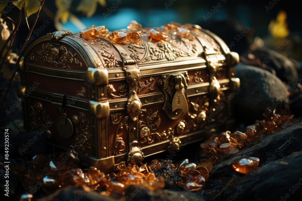 Open the treasure chest full of gold items at sunset with Generative Ai Technology, generative IA