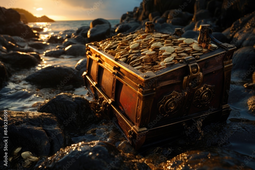 Open the treasure chest full of gold items at sunset with Generative Ai Technology, generative IA