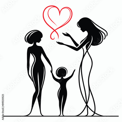 Mother's Day line art silhouette with black figures on a white background, vector style, with a red heart