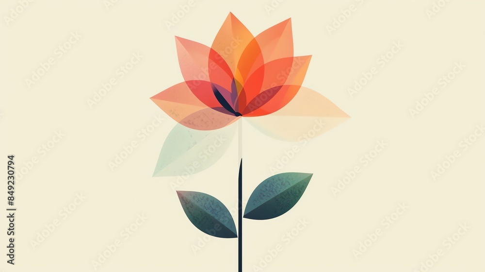 A stylized, geometric illustration of a flower with orange and red petals and green leaves, on a light background. A stylized, geometric illustration of a flower with orange and red petals and green leaves, on a light background.