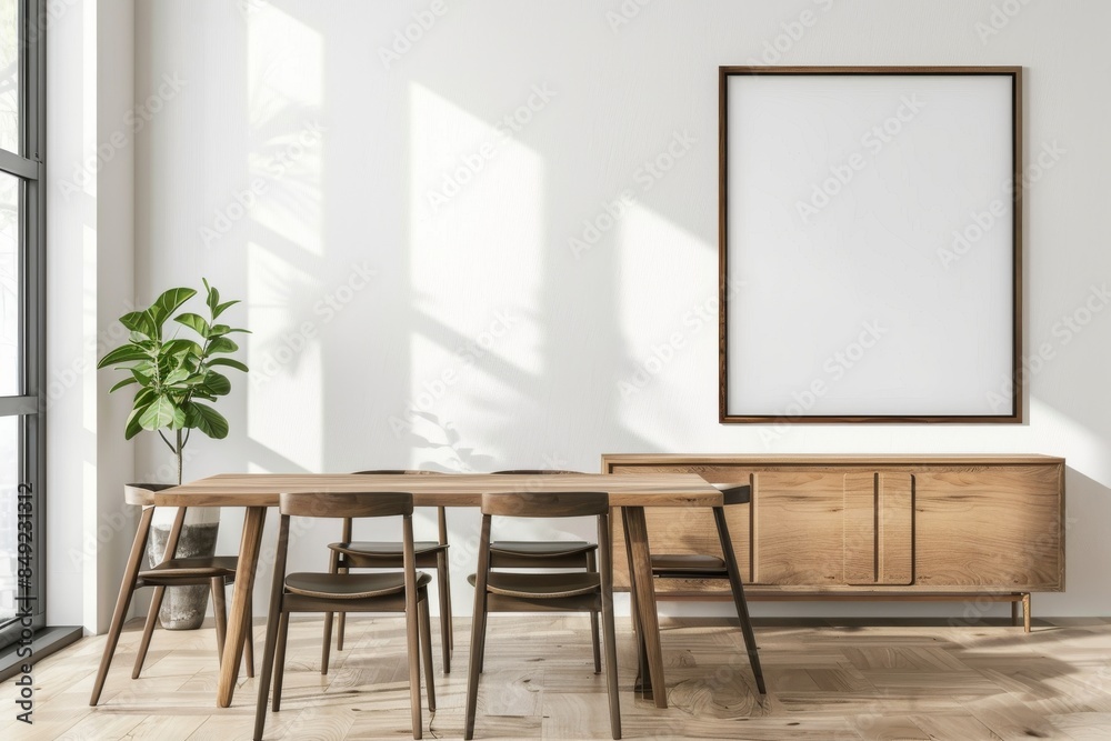 This mockup frame depicts an interior of a modern home with a table and chairs and a window. This mockup frame depicts an interior of a modern home with a table and chairs and a window.