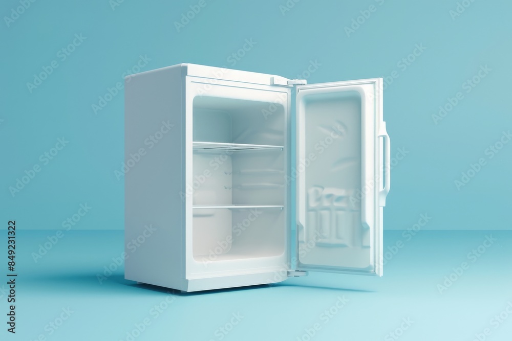 Light blue background with an empty white double door refrigerator
