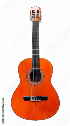 A vibrant, orange acoustic guitar, isolated against a white background, highlighting its bright, cheerful color and wood texture.