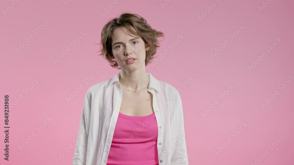 Sarcastic woman with hands two fingers air quotes gesture on pink, sarcasm Sarcastic woman with hands two fingers air quotes gesture on pink, sarcasm